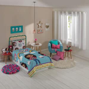 Jogo de Cama Microfibra Solteiro Estampado A Casa Mágica da Gabby 1,40m x 2,20m com 3 peças
