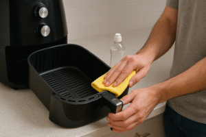 Imagem de uma pessoa limpando a sua air friyer representando Como conservar o antiaderente da air fryer