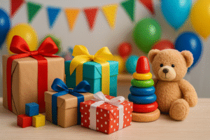 Imagem de de presentes, balões de aniversário e um urso de pelúcia, representando as Dicas de presente para aniversário infantil