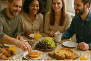 Imagem de amigos em uma mesa representando Tudo o que você precisa para oferecer um brunch perfeito para os amigos em casa