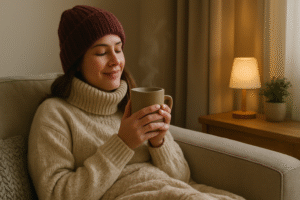Mulher no sofá com uma bebida quente representando as Dicas de inverno para ficar quentinho e confortável em casa