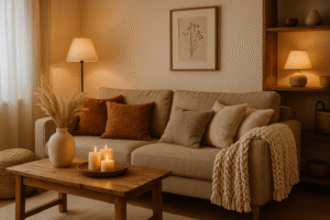 Uma sala de estar acolhedora e elegante com sofá bege, almofadas em tons terrosos, mesa de madeira com velas acesas, iluminação suave e elementos decorativos naturais, criando um ambiente confortável e convidativo.