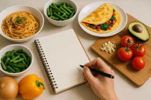Imagem de algumas frutas e uma pessoa anotando algumas dicas de receitas rápidas e práticas para o dia a dia