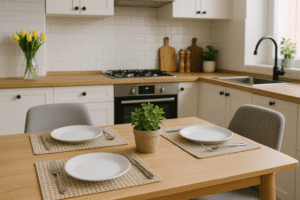 Mesa de jantar em madeira clara posta com jogos americanos rústicos, pratos brancos e talheres, posicionada em uma cozinha moderna com armários brancos, bancada de madeira, plantas decorativas e iluminação natural vinda de uma janela