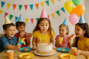 Imagem de uma festa infantil com diversas crianças representando como fazer uma festa infantil econômica e divertida