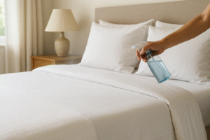 Mão segurando um borrifador azul aplicando spray sobre uma cama bem arrumada com lençóis e fronhas brancos, em um quarto iluminado pela luz natural que entra por cortinas claras
