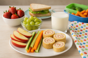 Imagem de uma mesa com diversos lanches frescos e rápidos para crianças
