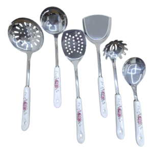 Conjunto de Concha, Escumadeira, Espátula Vazada, Espátula Fechada Inox c/ Cabo de Ceramica