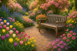 Um jardim florido na primavera, com diversas flores coloridas como tulipas, margaridas e arbustos em tons de rosa, amarelo e roxo. No centro, há um banco de madeira sobre um caminho de tijolos, cercado por vegetação verde e iluminado por uma luz suave de fim de tarde, transmitindo aconchego e tranquilidade.