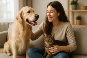 Um jovem sentado em um sofá claro em uma sala aconchegante acaricia um gato rajado que está em seu colo, enquanto um cachorro golden retriever está sentado ao lado, recebendo carinho. A cena transmite aconchego e harmonia, com iluminação natural suave entrando pela janela ao fundo e plantas decorativas em prateleiras.