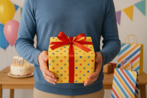 Um adulto segura um presente embrulhado em papel amarelo com bolinhas coloridas e laço vermelho, em uma festa de aniversário infantil. Ao fundo, há balões coloridos, bandeirinhas decorativas, sacolas de presentes e um bolo com velas acesas sobre a mesa, criando um clima alegre e festivo.