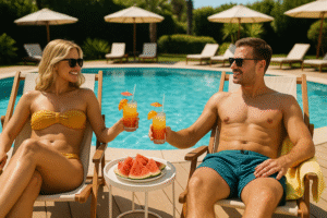Um casal relaxa em um dia ensolarado à beira de uma piscina. Eles estão sentados em espreguiçadeiras de madeira, usando trajes de banho e óculos escuros, enquanto brindam com copos de coquetéis coloridos decorados com guarda-chuvinhas. Entre eles há uma mesa com fatias de melancia, e ao fundo se vê a piscina azul, guarda-sóis e vegetação verde, transmitindo uma atmosfera tropical e descontraída.