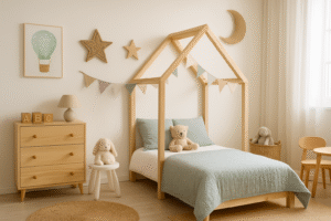 Quarto infantil decorado em estilo escandinavo, com cama de madeira em formato de casinha, roupas de cama em tons pastel verde-acinzentado e almofadas combinando. Há brinquedos de pelúcia sobre a cama e em um banco ao lado, além de uma cômoda de madeira clara com blocos de letras e luminária. Na parede, estrelas, uma lua decorativa e bandeirolas coloridas completam o ambiente, iluminado por luz natural que entra pela janela com cortinas brancas.