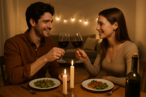 Um casal janta em casa em um ambiente romântico e acolhedor. Eles sorriem um para o outro enquanto fazem um brinde com taças de vinho tinto sobre uma mesa de madeira iluminada por velas. Pratos com comida estão à frente deles e, ao fundo, luzes decorativas amareladas criam uma atmosfera quente e íntima.