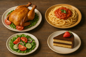 Mesa rústica com quatro pratos de comida em estilo realista: um frango assado inteiro servido com ervilhas e fatias de tomate; um prato de espaguete com molho de tomate e folhas de manjericão; uma salada fresca com alface, tomate, pepino e rodelas de cebola roxa; e uma fatia de bolo de chocolate com recheio, coberto por ganache e decorado com um morango