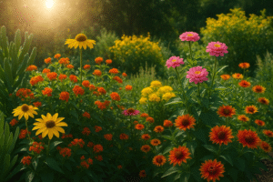 Jardim com diversas flores que gostam de sol, incluindo margaridas amarelas, zínias rosas, lantanas alaranjadas e outras flores coloridas, todas iluminadas pela luz quente do pôr do sol