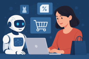 Ilustração de uma mulher usando um notebook enquanto um robô de Inteligência Artificial a auxilia, com ícones de compras online ao fundo