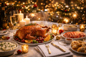 Mesa de ceia de Ano Novo decorada com iluminação quente, velas acesas e taças de champanhe, com um peru assado ao centro cercado por frutas, pratos variados e acompanhamentos, criando um clima festivo e elegante.