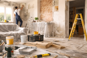 Pedreiro trabalhando na reforma de uma sala, aplicando massa na parede com espátula, cercado por ferramentas, escada e materiais de construção em um ambiente interno em obra.