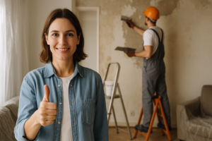 Mulher sorrindo e fazendo gesto de positivo enquanto um pedreiro trabalha no reboco da parede ao fundo em uma casa em reforma