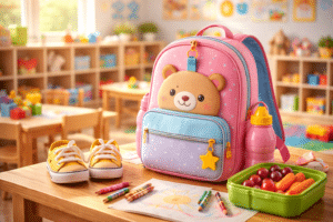 Mochila infantil sobre uma mesa em sala de creche, acompanhada de lancheira com frutas e legumes, garrafa de água, tênis e lápis de cor, em ambiente escolar iluminado e organizado.