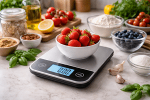 Balança digital de cozinha moderna sobre bancada clara, com uma tigela de morangos sendo pesada, cercada por ingredientes como farinha, frutas, grãos, alho e ervas frescas em um ambiente de cozinha bem iluminado.