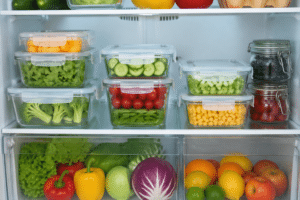 Geladeira organizada com alimentos frescos armazenados em potes transparentes, incluindo verduras, legumes cortados, frutas e vegetais inteiros, dispostos de forma limpa e bem iluminada para conservação no dia a dia.