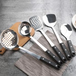 Utensílios De Cozinha De Aço Inoxidável Com Cabo Preto